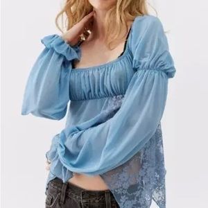 Urban outfitters true romance blue lace detail sheer long sleeve blouse top